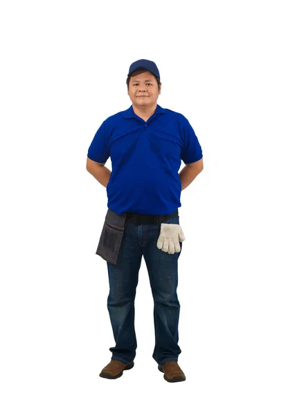 Asian delivery man working in blue shirt with Waist bag for equi — Stock Photo, Image