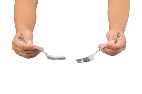 Hand holding fork and spoon isolated on white — 스톡 사진