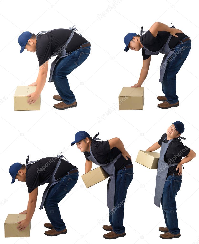 collection set portrait of Delivery man lifting heavy weight box