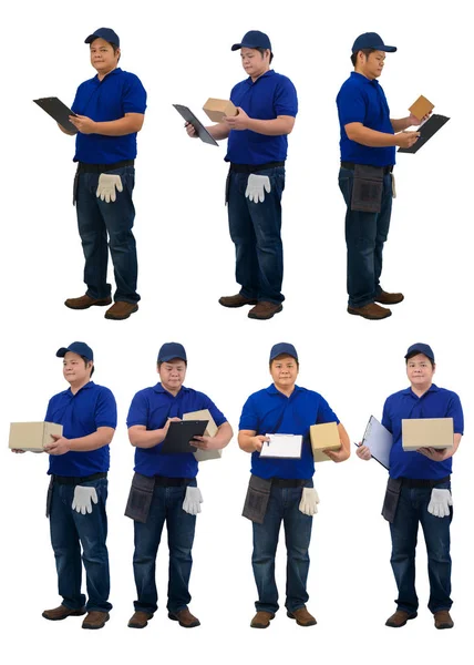 Kolekcja zestaw azjatycki dostawca pracy w niebieskiej koszuli z — Zdjęcie stockowe