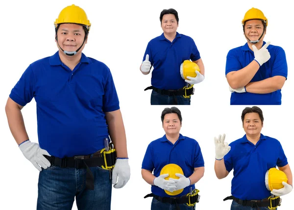 Collection set of construction man workers in blue shirt with Pr — Stock Photo, Image