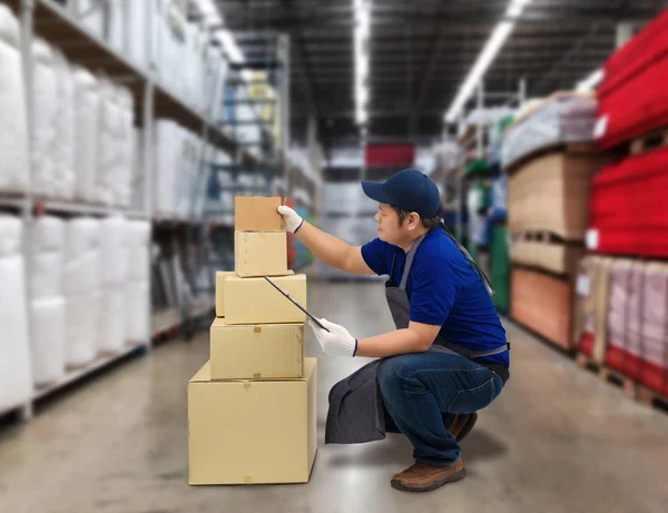 Männliche Mitarbeiter und Paketkästen checken Lager und verwischen den Rücken — Stockfoto