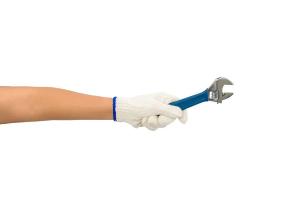 Pracovnice asijského podniku s ochrannými rukavicemi ruka držící klíč je — Stock fotografie