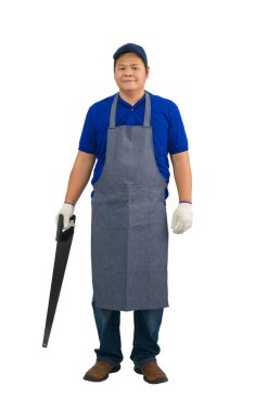Apron ve koruyucu eldiven ile mavi gömlek Asyalı işçi adam 