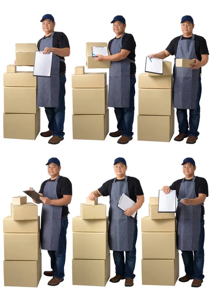 Collection set portrait of delivery man in Black shirt and apron — 图库照片