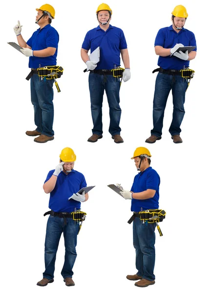 Збірник будівельників у синій сорочці з Протеком. — стокове фото