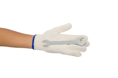 Koruyucu eldiven ile Asya kadın işçisi el tutma anahtarı