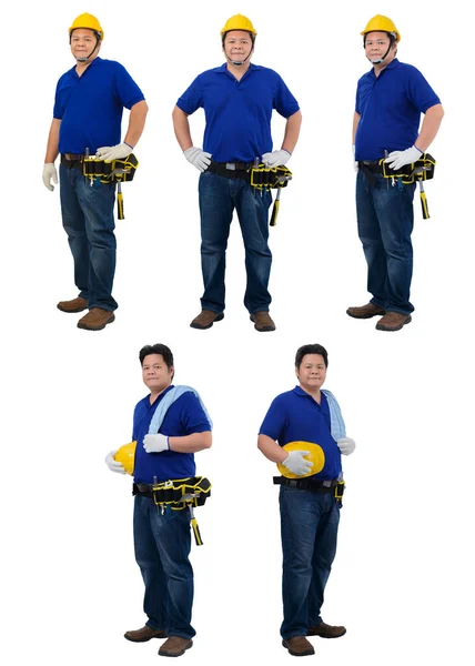 Collection Set Construction Man Workers Blue Shirt Protective Gloves Helmet — Stock Photo, Image