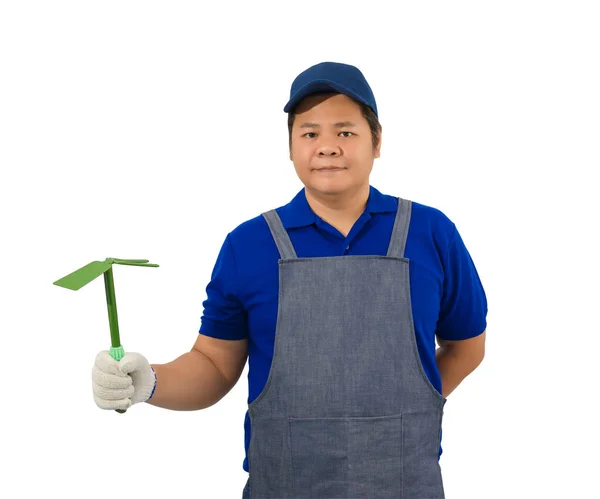 Ásia Trabalhador Homem Azul Camisa Com Avental Protetora Luvas Mão — Fotografia de Stock