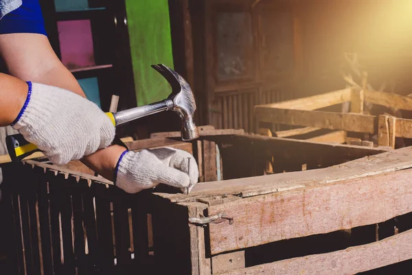 Construction Man Workers Blue Shirt Protective Gloves Tool Belt Working — Stock Photo, Image