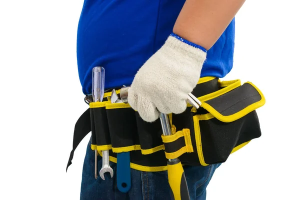 Close Van Bouw Man Werknemers Blauw Shirt Met Beschermende Handschoenen — Stockfoto