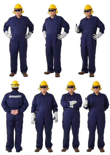 Collection Set Full Body Portrait Worker Mechanic Jumpsuit Helmet Safety — Stock Photo, Image