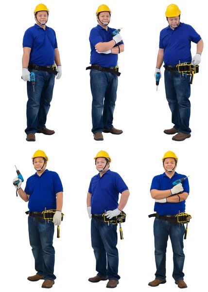 保護手袋付きブルーシャツの建設男の労働者のコレクションセット 白い背景に隔離されたツールベルト手保持パワードリル付きヘルメット — ストック写真