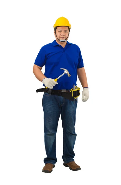 Construction Man Workers Blue Shirt Protective Gloves Helmet Tool Belt — Stock Photo, Image