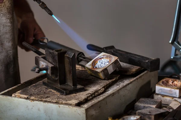 Melting Silver Grains to liquid state in crucible — Stock Photo, Image