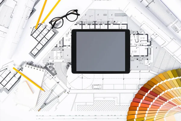 Construction plans with Drawing Tools, Colors Palette and Tablet — Stock Photo, Image