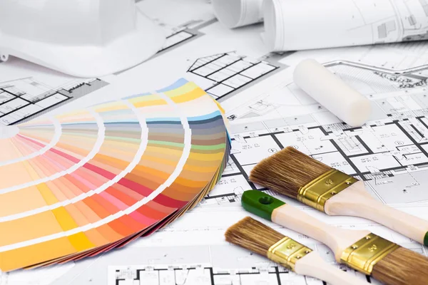 Construction plans with whitewashing Tools and Colors Palette — Stock Photo, Image