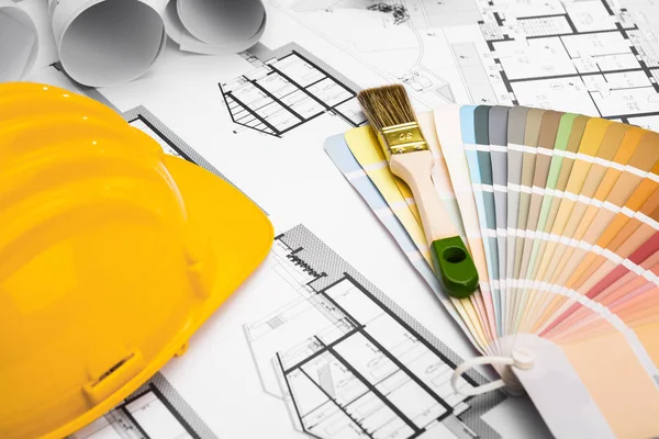 Construction plans with Paint Brush Colors Palette and Yellow Sa — Stock Photo, Image