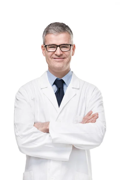 Selbstbewusster Arzt Oder Apotheker Weißem Laborkittel Und Brille Der Mit — Stockfoto