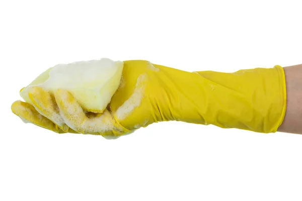 Female hand in yellow household glove holding sponge for washing dishes isolated on white background — Stock Photo, Image