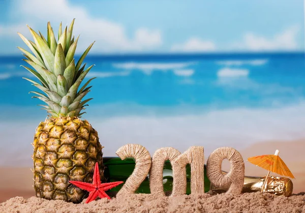 Kerst inscriptie 2019, sappige verse ananas op achtergrond van oceaan — Stockfoto