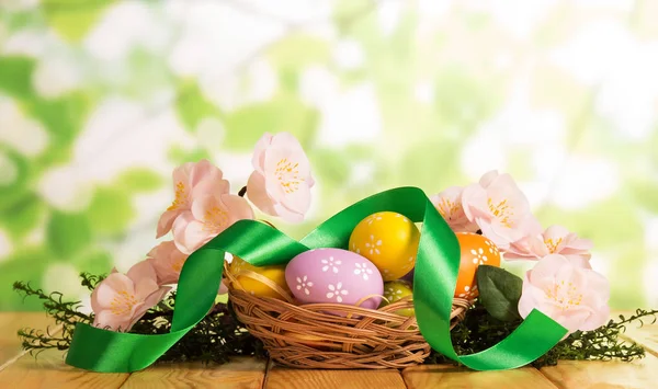 Easter eggs in basket, grass,flowers and ribbon on abstract green. — Stock Photo, Image