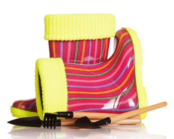 Гумові чоботи з тканинною вставкою та садовими інструментами ізольовані на whi — стокове фото