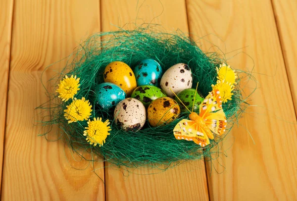 Paaseieren in nest, bloemen en vlinders aan licht boord. — Stockfoto