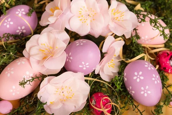 Various Easter eggs, candy, flowers, ribbons and grass close-up. — Stock Photo, Image