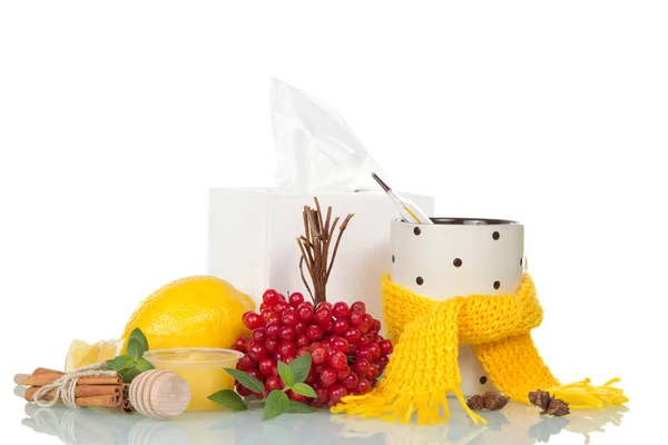 冷たいレモンと蜂蜜とホットティー,クランベリーの束 — ストック写真