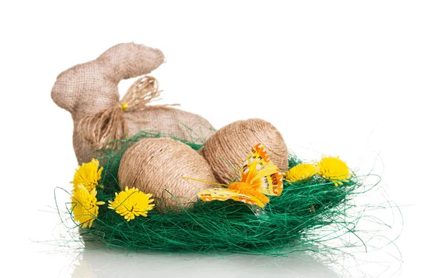 Easter eggs in nest entwined with twine and bunny isolated. — Stock Photo, Image