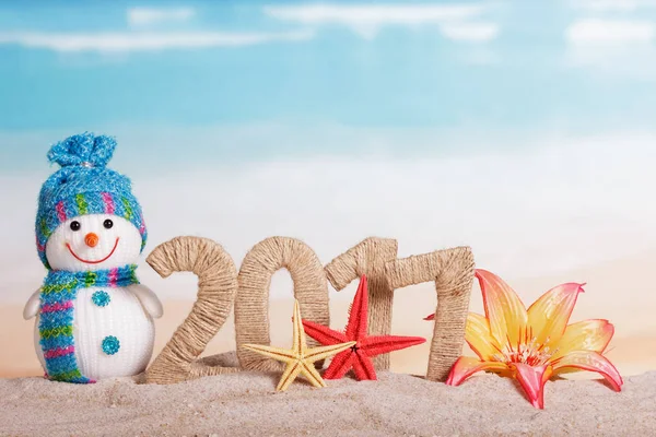 Dígitos em 2017 entrelaçados com cordel, boneco de neve, flor e estrela do mar — Fotografia de Stock