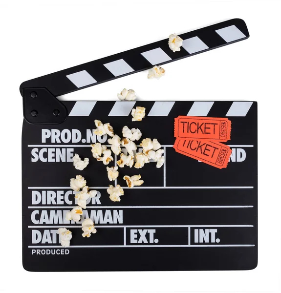 Black with white letters clapper, movie tickets and few popcorn — Stock Photo, Image