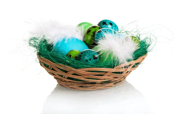 The different colored easter eggs in basket isolated on white. — Stock Photo, Image