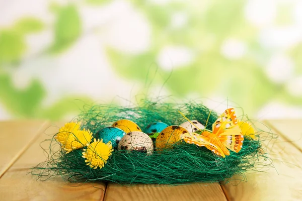 Ostereier im Nest, Blumen und Schmetterlinge auf abstraktem Grün. — Stockfoto