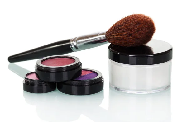 Cosmetic brush, shadows, lip gloss, blush and cream jar isolated — Stock Photo, Image