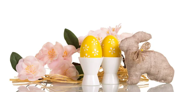 Uova di Pasqua in tazze, Coniglietto, ramo con fiori, isolato . — Foto Stock