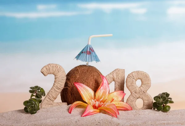 Новогодняя надпись 2018 года, кокос с соломой — стоковое фото