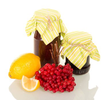 Jars with jam, viburnum, lemon, isolated on white