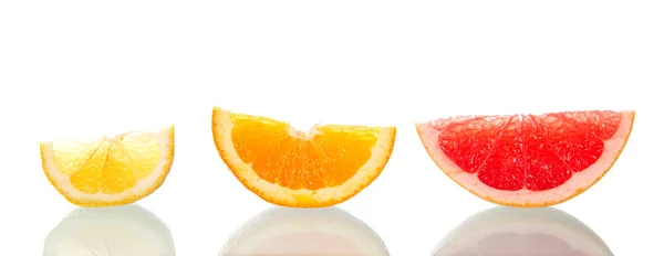 Three Citrus Slices Beautifully Arranged Isolated White Background — Stockfoto