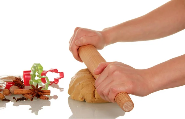 Female Hands Roll Out Dough Sheet Isolated White Background — Stock Photo, Image