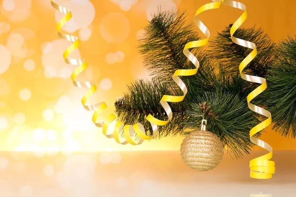 New Year Pine Branch Decorated Serpentine Ball Sparkling Background — 스톡 사진