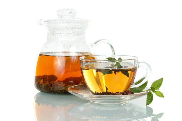 Cup Hot Tea Mint Jug Isolated White Background — 图库照片