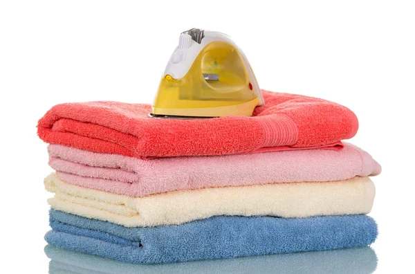 Pile Clean Terry Towels Device Ironing Isolated White Background — Stock Photo, Image