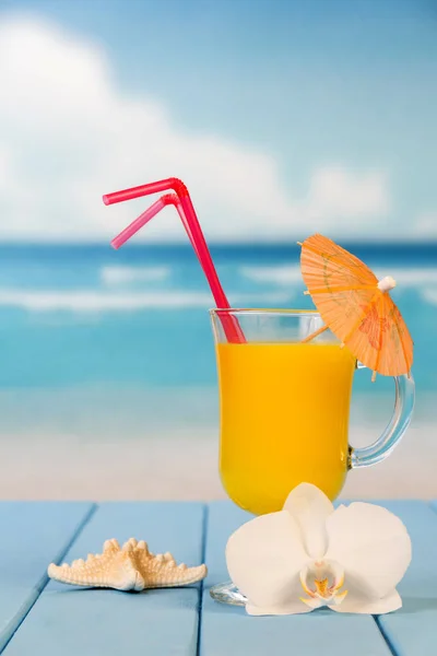 Un verre de jus d'orange avec un parapluie et des pailles, étoile de mer — Photo