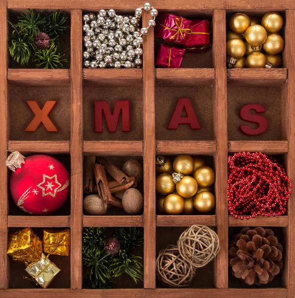 Set Various Bright Christmas Decorations Box Cells Inscription Xmas — Stock Photo, Image