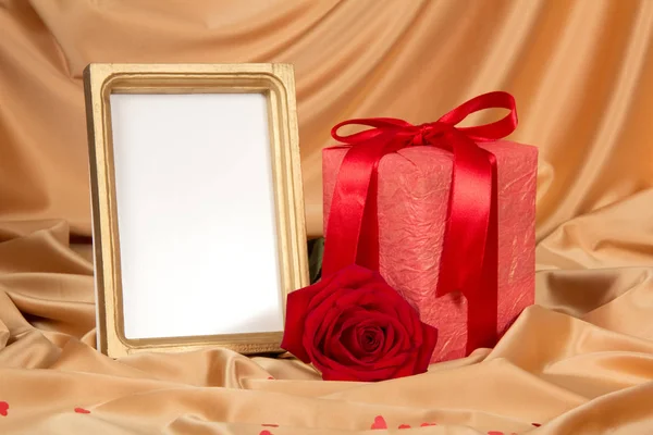 Box Gift Scarlet Rose Frame Photo Background Beige Silk Fabric Stock Picture
