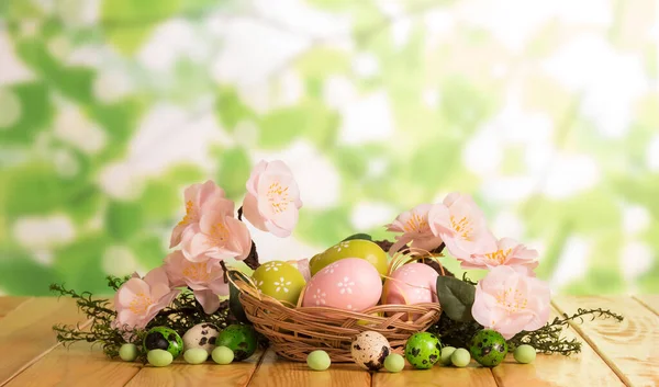 Vários ovos de Páscoa em cesta e perto, doces, grama, flores . — Fotografia de Stock