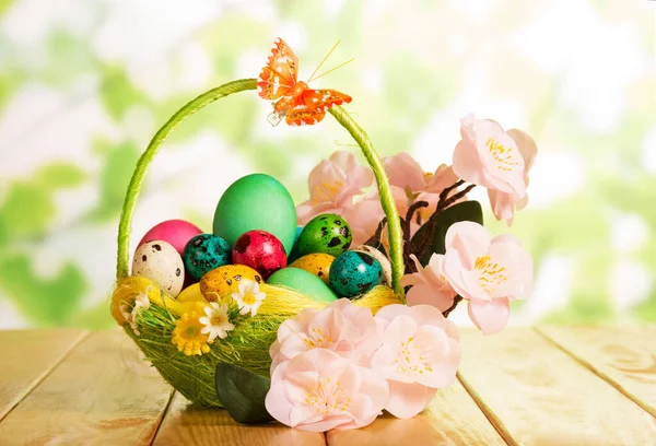 Varios huevos de Pascua en cesta y rama con flores . —  Fotos de Stock