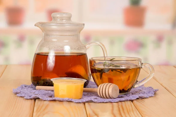 Jug Cup Hot Tea Honey Napkin Wooden Table — Stock Photo, Image